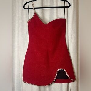 Zara One Shoulder Red Dress with Chain Accent